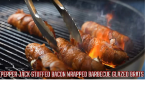 Heath Riles Pepper Jack Stuffed Bacon Wrapped Barbecue Glazed Brats